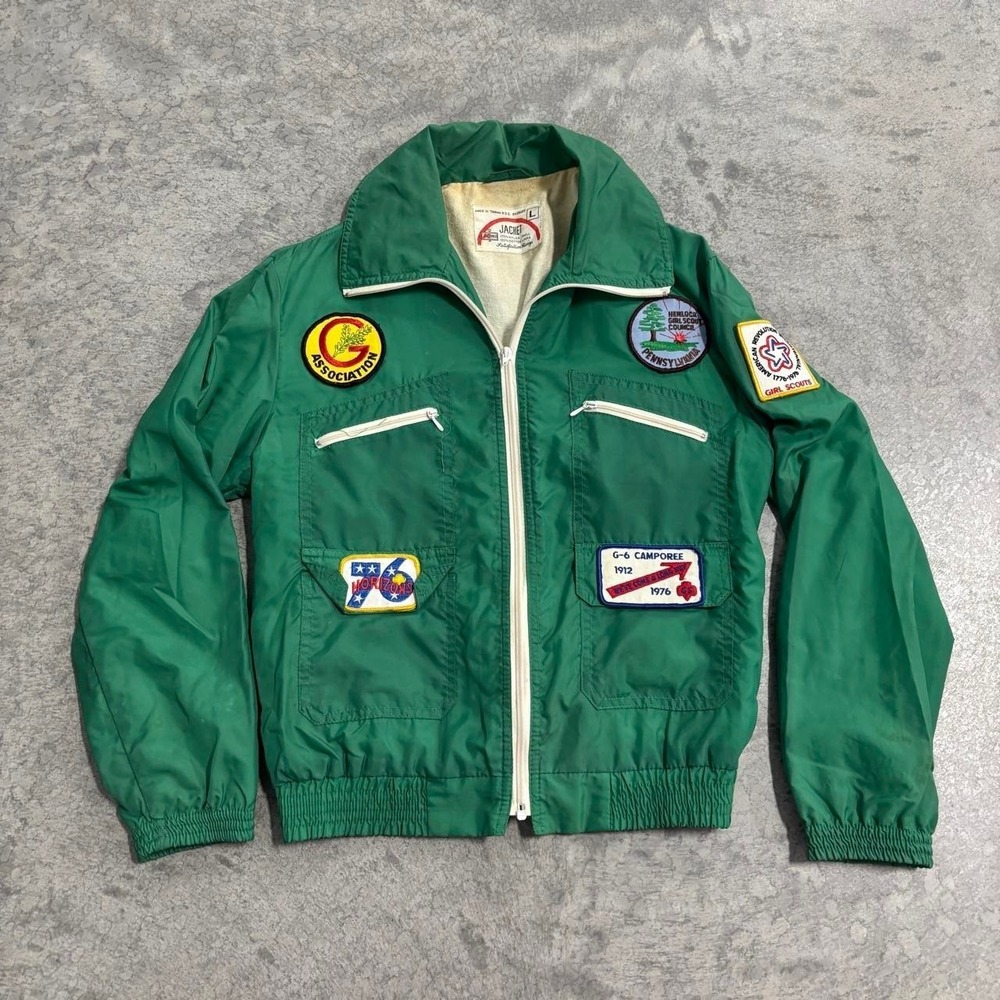 Vintage 70s Kmart Green Nylon Girl Scout Patch Jacket Size Large